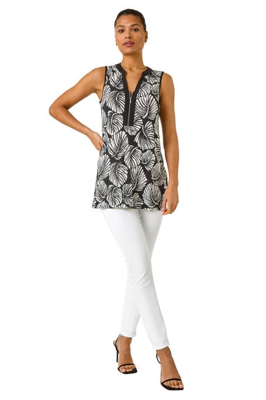 Roman Black Leaf Print Zip Front Stretch Top