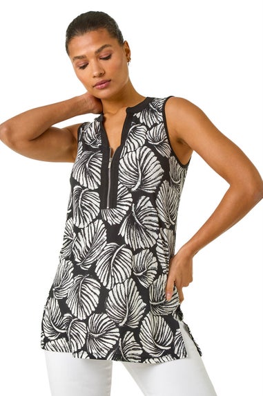 Roman Black Leaf Print Zip Front Stretch Top