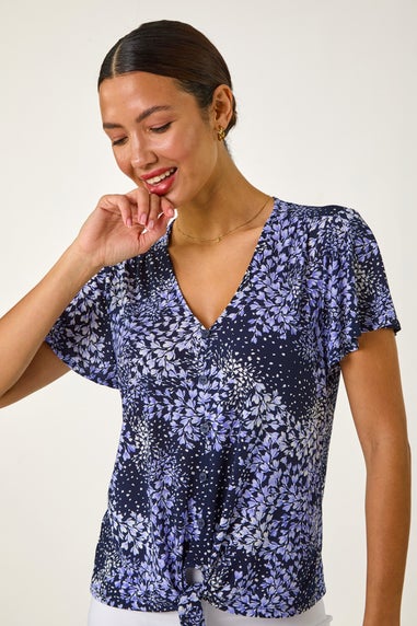Roman Lilac Floral Print Tie Front Stretch Top