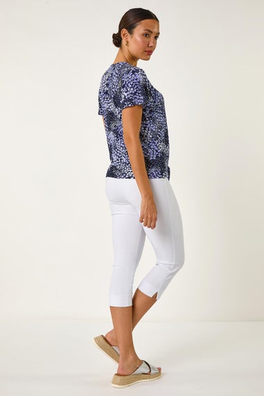 Roman Lilac Floral Print Tie Front Stretch Top