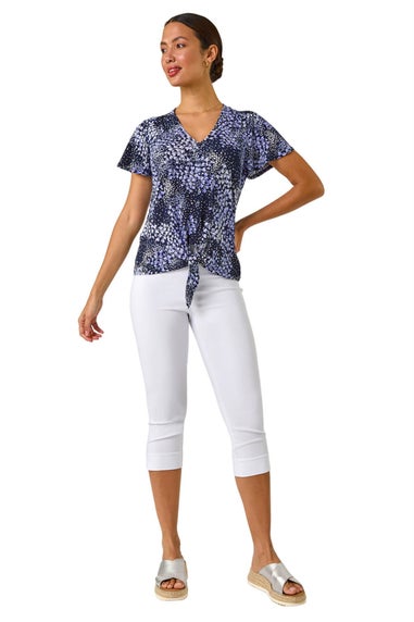 Roman Lilac Floral Print Tie Front Stretch Top