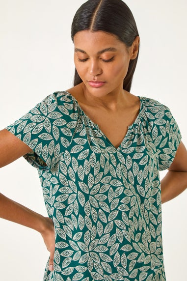 Roman Teal Textured Leaf Print Stretch Top