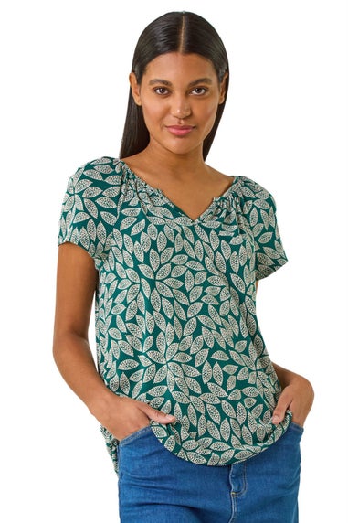 Roman Teal Textured Leaf Print Stretch Top