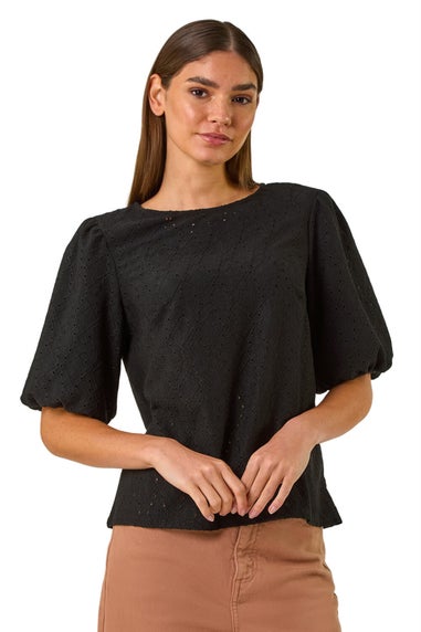 Roman Black Broderie Puff Sleeve Top