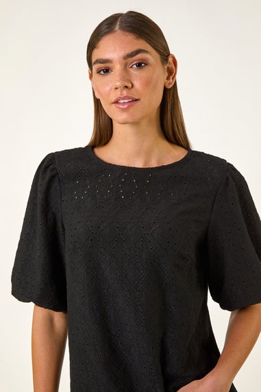 Roman Black Broderie Puff Sleeve Top