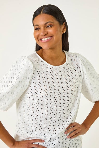 Roman Ivory Broderie Puff Sleeve Top