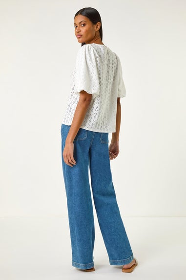 Roman Ivory Broderie Puff Sleeve Top