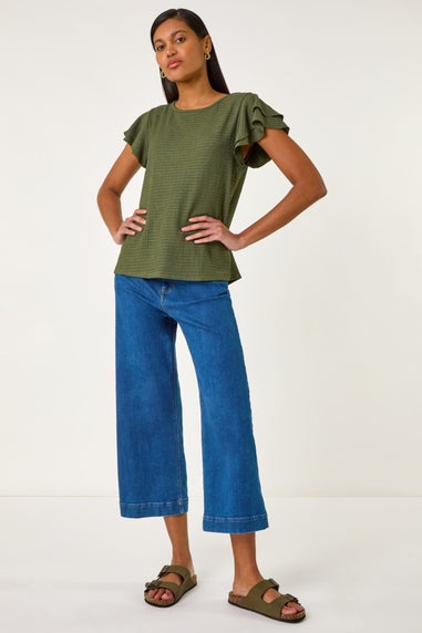Roman Khaki Textured Frill Sleeve T-Shirt