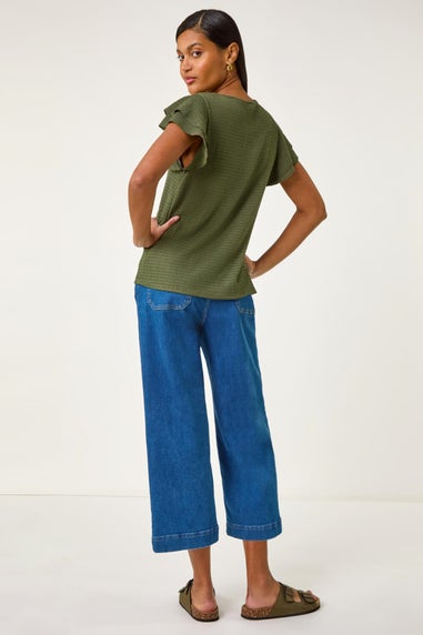 Roman Khaki Textured Frill Sleeve T-Shirt
