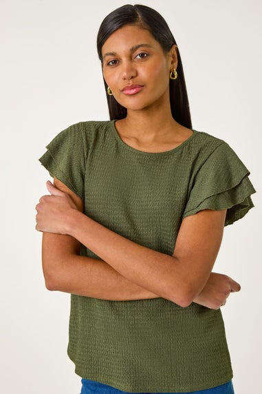 Roman Khaki Textured Frill Sleeve T-Shirt