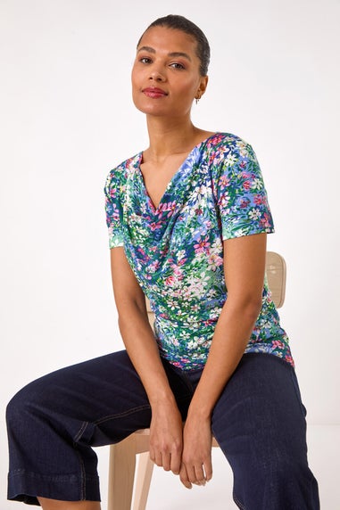 Roman Navy Floral Print Cowl Neck Stretch Top