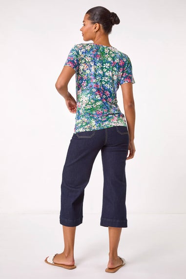 Roman Navy Floral Print Cowl Neck Stretch Top