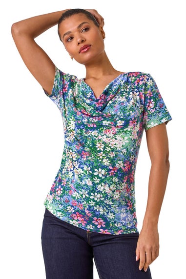 Roman Navy Floral Print Cowl Neck Stretch Top