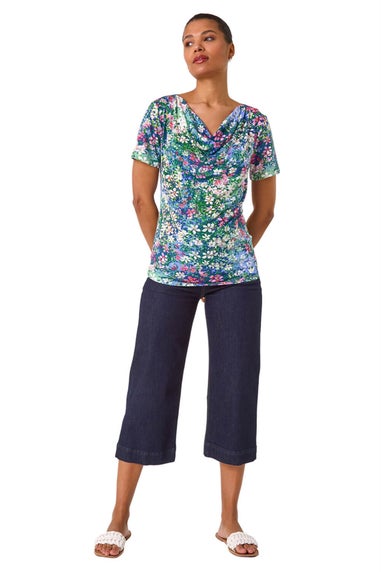 Roman Navy Floral Print Cowl Neck Stretch Top