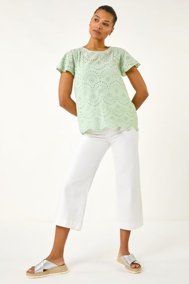 Roman Green Broderie Short Sleeve Top