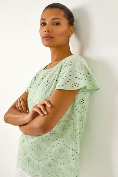 Roman Green Broderie Short Sleeve Top