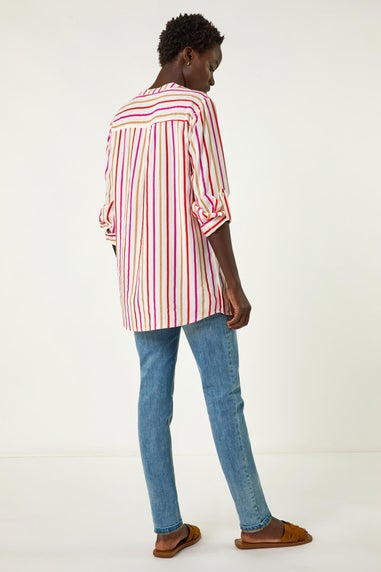 Roman Pink Vertical Stripe Pleat Detail Top