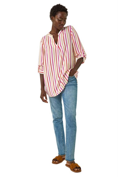 Roman Pink Vertical Stripe Pleat Detail Top