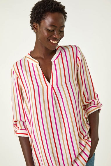 Roman Pink Vertical Stripe Pleat Detail Top