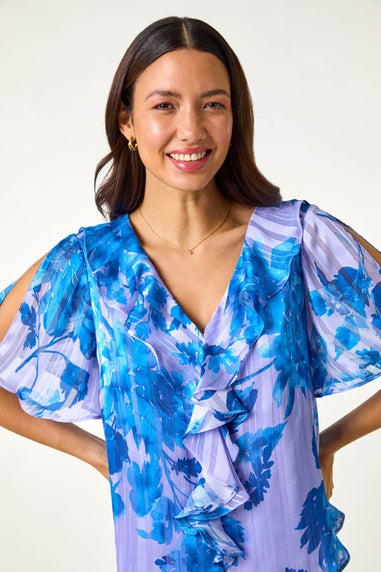 Roman Blue Floral Print Ruffle Top