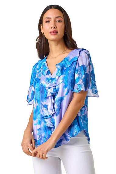 Roman Blue Floral Print Ruffle Top