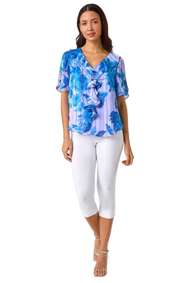 Roman Blue Floral Print Ruffle Top