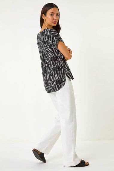 Roman Black Abstract Print V-Neck Button Top