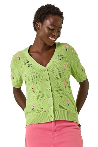 Roman Green Textured Floral Embroidered Cardigan