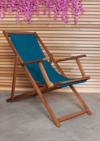 Charles Bentley Folding FSC Eucalyptus Wooden Deck Chair Beach Sun Lounger Teal