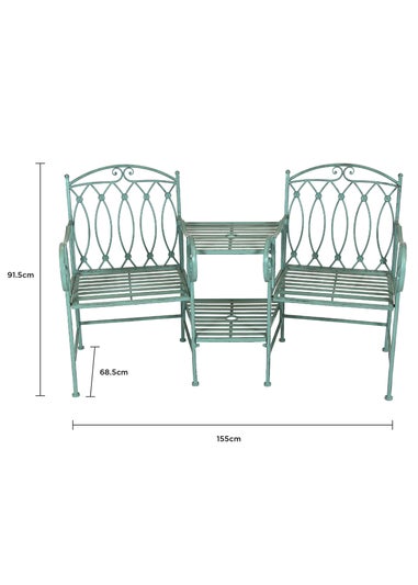 Charles Bentley Wrought Iron Rustic Companion Seat for Two Sage Green (H68.5cm x W155cm x D91.5cm)