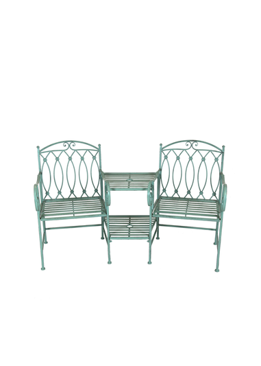 Charles Bentley Wrought Iron Rustic Companion Seat for Two Sage Green (H68.5cm x W155cm x D91.5cm)