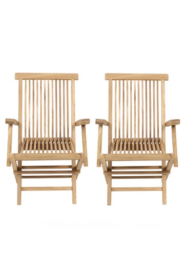 Charles Bentley Pair of Solid Wooden Teak Garden Outdoor Folding Arm Chairs