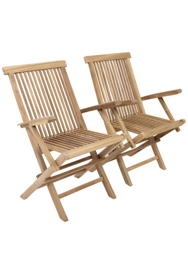 Charles Bentley Pair of Solid Wooden Teak Garden Outdoor Folding Arm Chairs