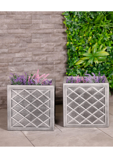 Charles Bentley Pair of Lazio Square Pewter Planters Grey Plastic (Dia. 32cm)