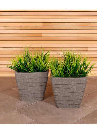 Charles Bentley Pair of Trojan Square Granite Planters Grey Plastic (Dia. 33cm)