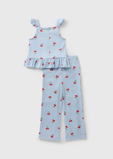 Girls Blue Crinkle Cherry Top & Trousers Set (1-7yrs)