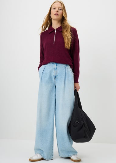 Burgundy Zip Collared Knit Jumper