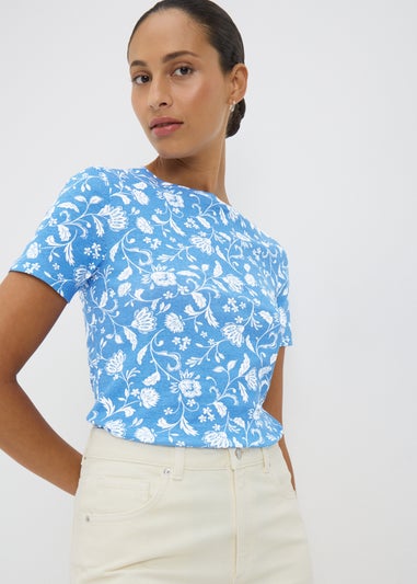 Blue Floral Print Fitted T-Shirt