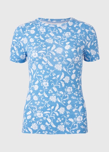 Blue Floral Print Fitted T-Shirt