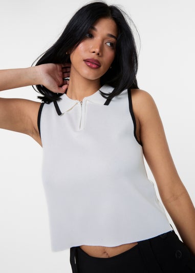 Pink Vanilla White Half Zip Crop Polo Top With Contrast Piping