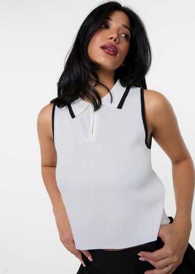 Pink Vanilla White Half Zip Crop Polo Top With Contrast Piping