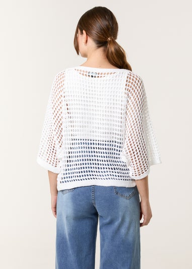 Blue Vanilla White Round Neck Net Top