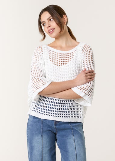 Blue Vanilla White Round Neck Net Top