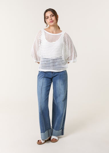 Blue Vanilla White Round Neck Net Top