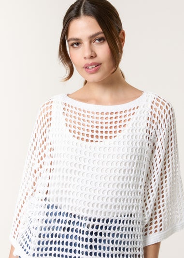 Blue Vanilla White Round Neck Net Top