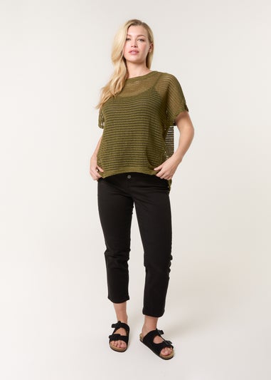 Blue Vanilla Khaki Crochet Batwing Oversized Top
