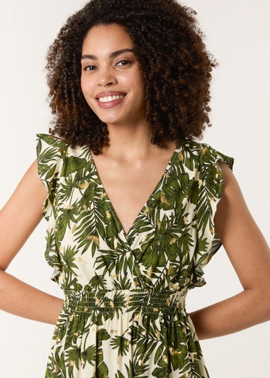Blue Vanilla Khaki Tropical Dress With Palm Leaf Print