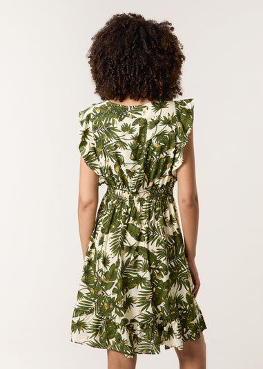 Blue Vanilla Khaki Tropical Dress With Palm Leaf Print