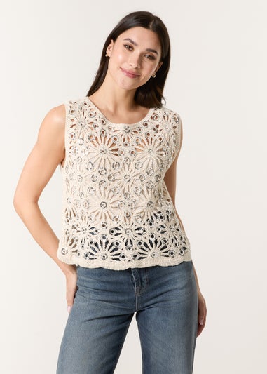 Blue Vanilla Stone Crochet Top With Sequins