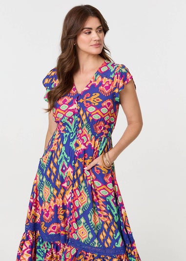 Izabel London Blue Ikat Print Lace Trim Midi Smock Dress